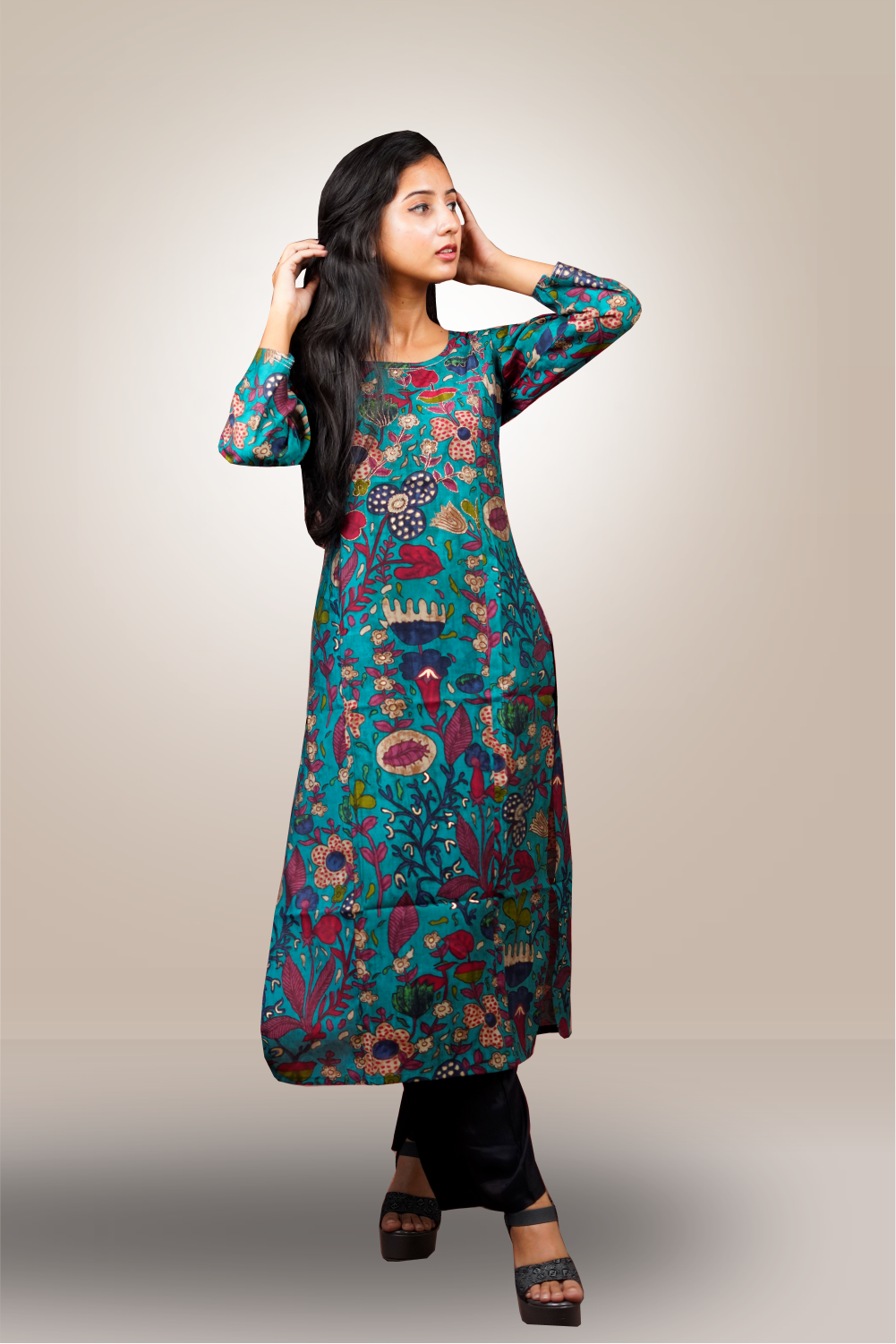 Blue Color Cotton Floral PrintedStraight Cut Kurtie