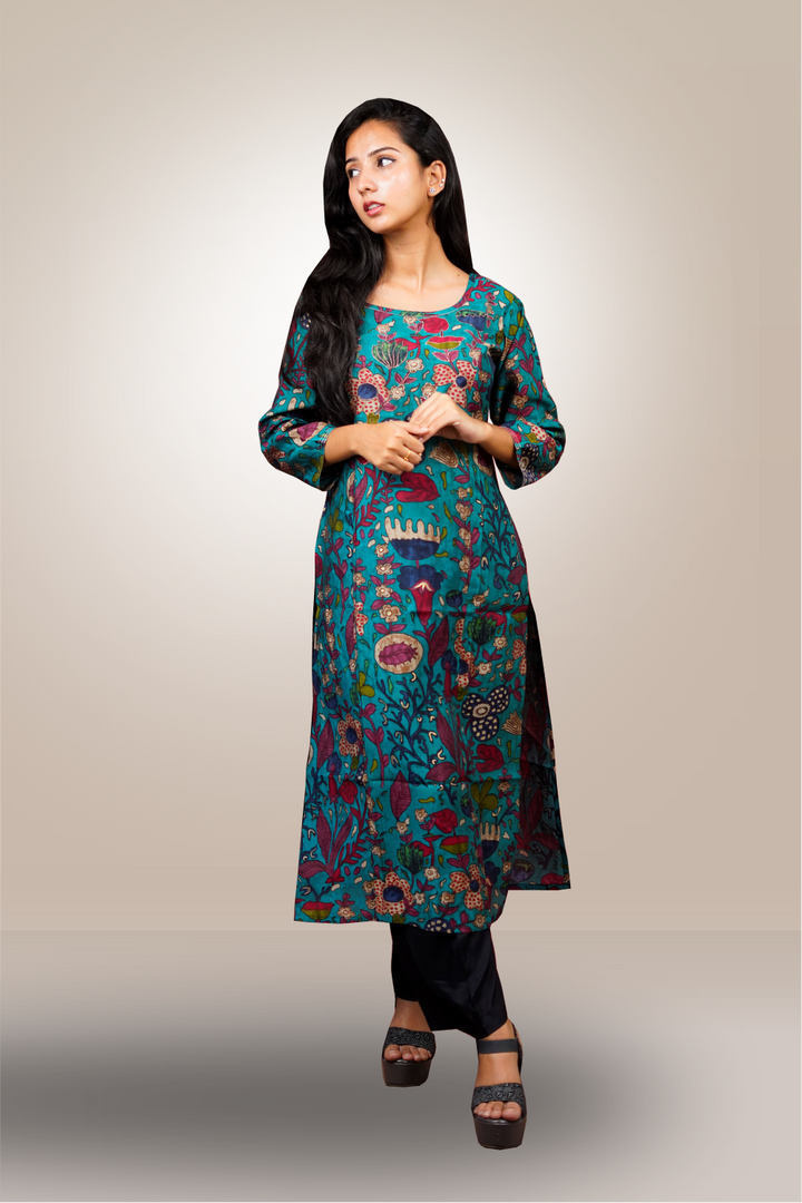 Blue Color Cotton Floral PrintedStraight Cut Kurtie