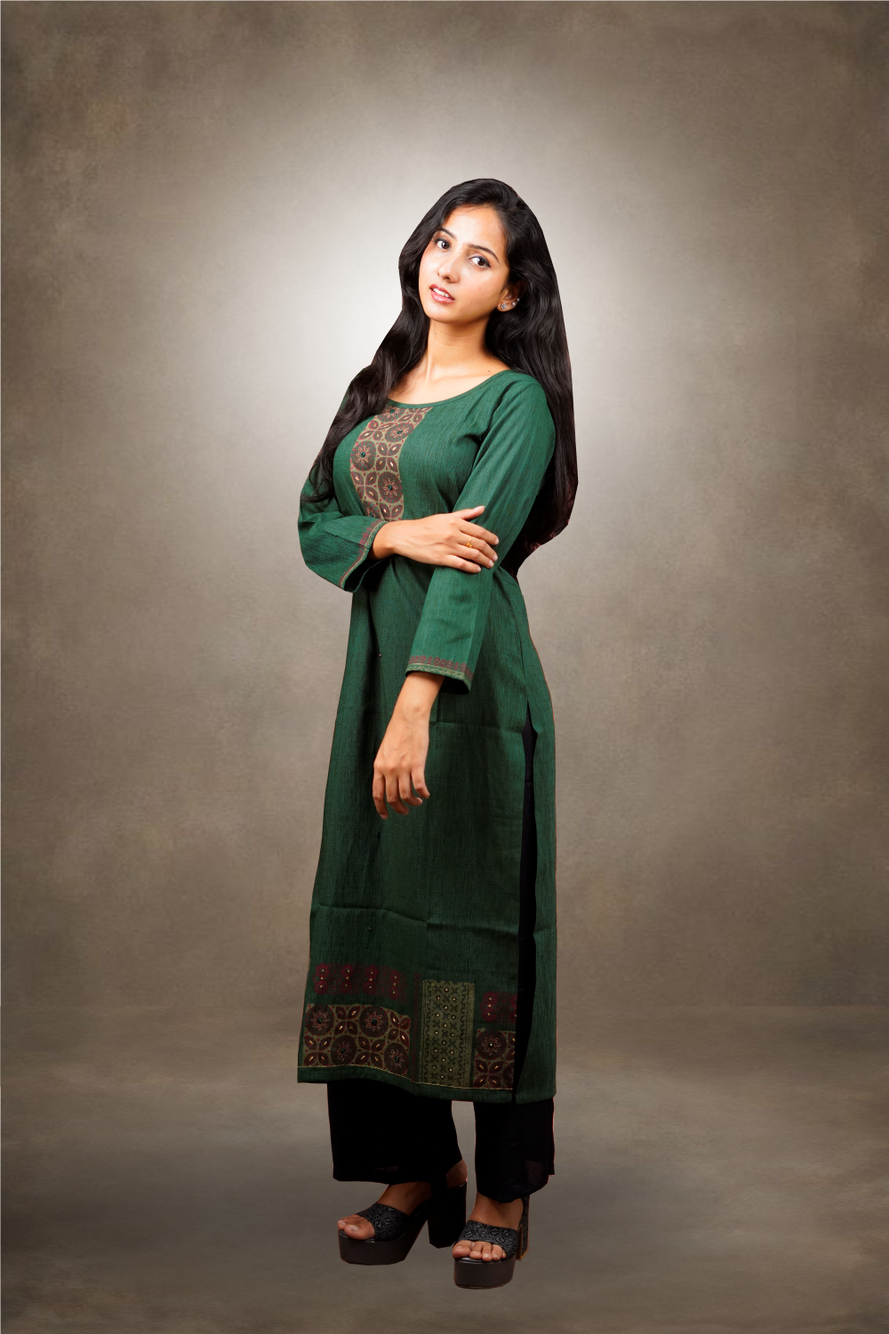 Green Color Viscose Cotton Straight Cut Kurtie