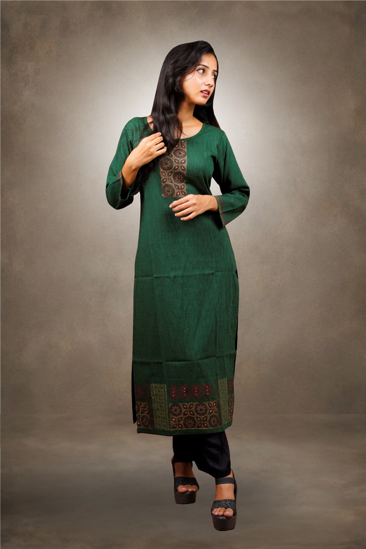 Green Color Viscose Cotton Straight Cut Kurtie