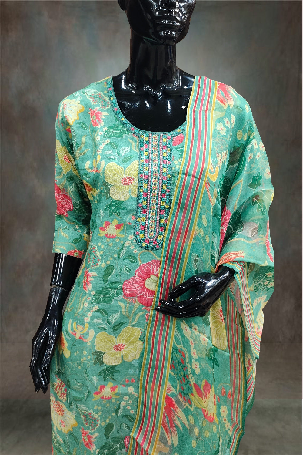 Russian Silk Printed with Mirror Embroidered Green Salwar Kameez