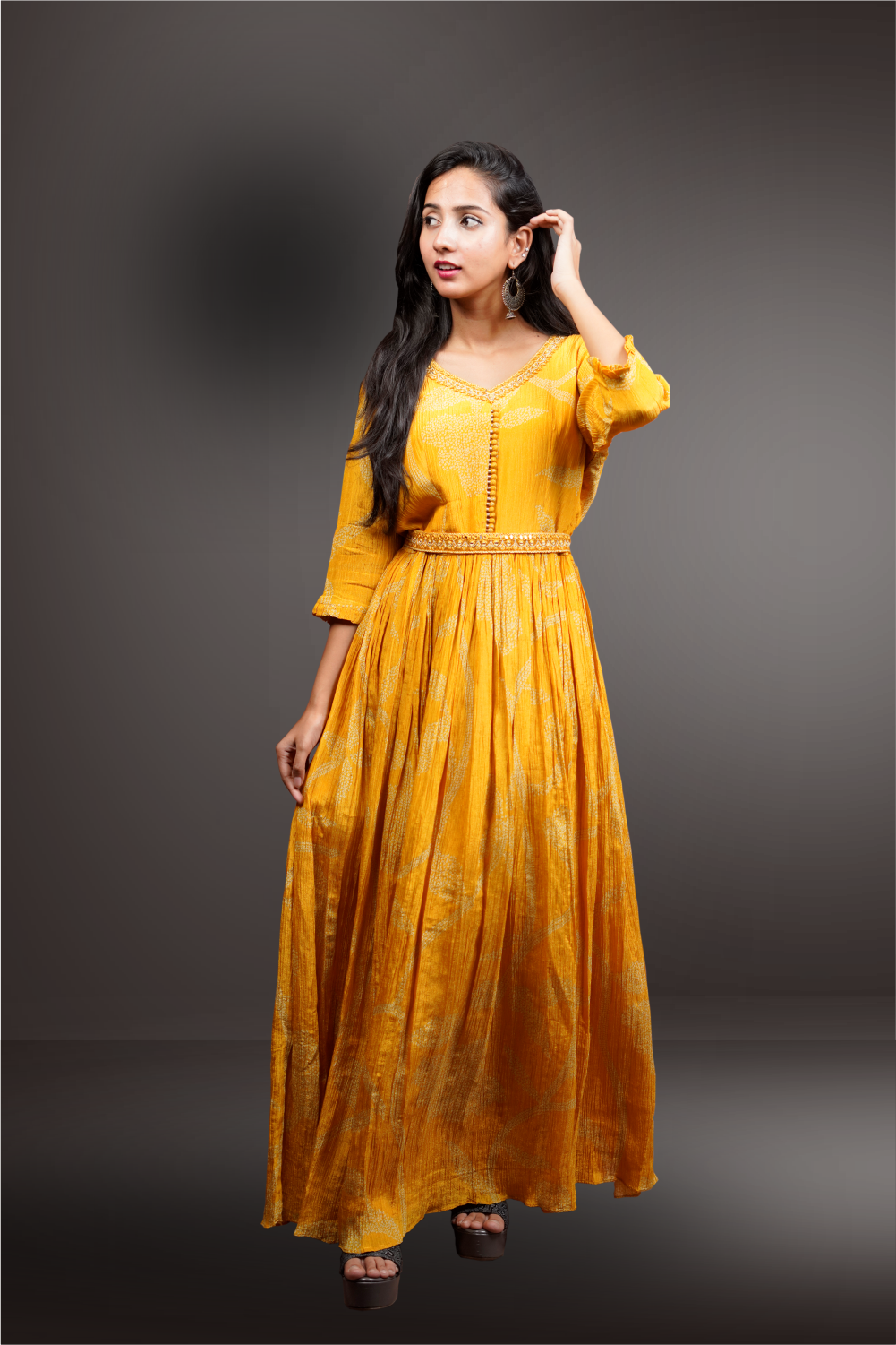 Yellow Color Tissue Bandhini Designed Long Gown