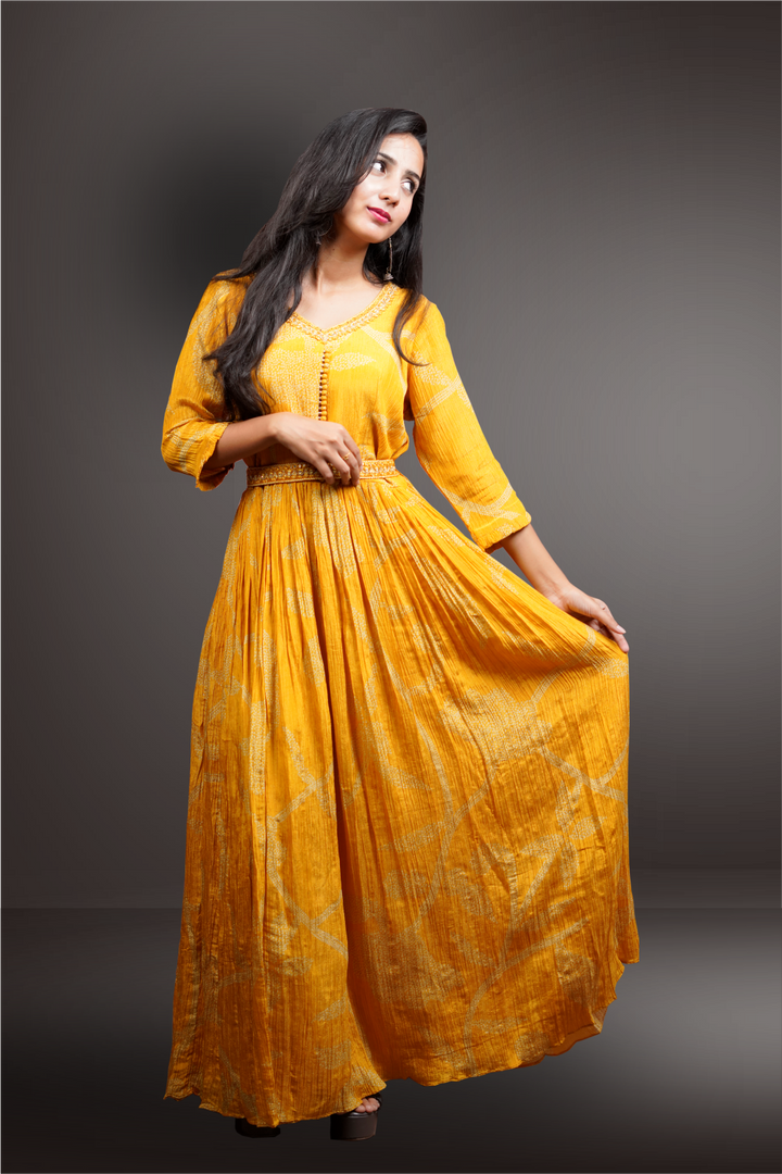 Yellow Color Tissue Bandhini Designed Long Gown