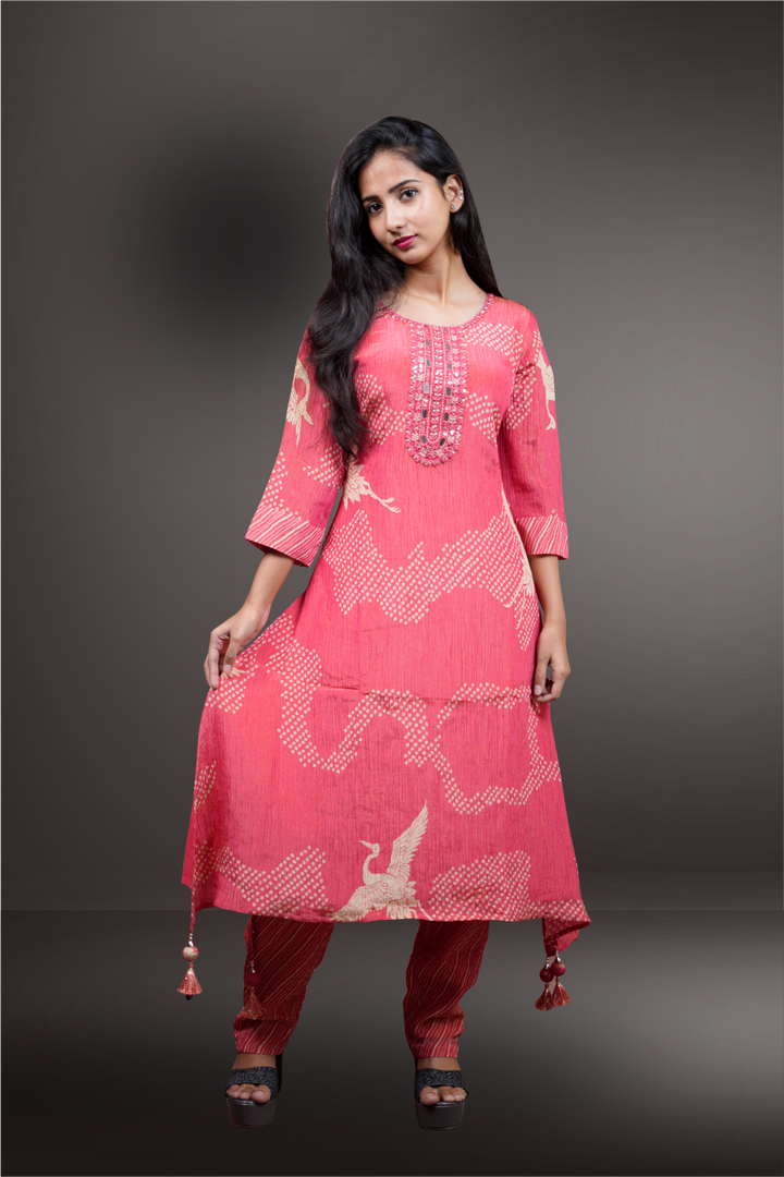 Red Tissue Bandhini Designed  A-Line Cut Salwar Kameez