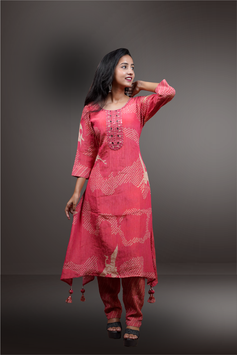 Red Tissue Bandhini Designed  A-Line Cut Salwar Kameez