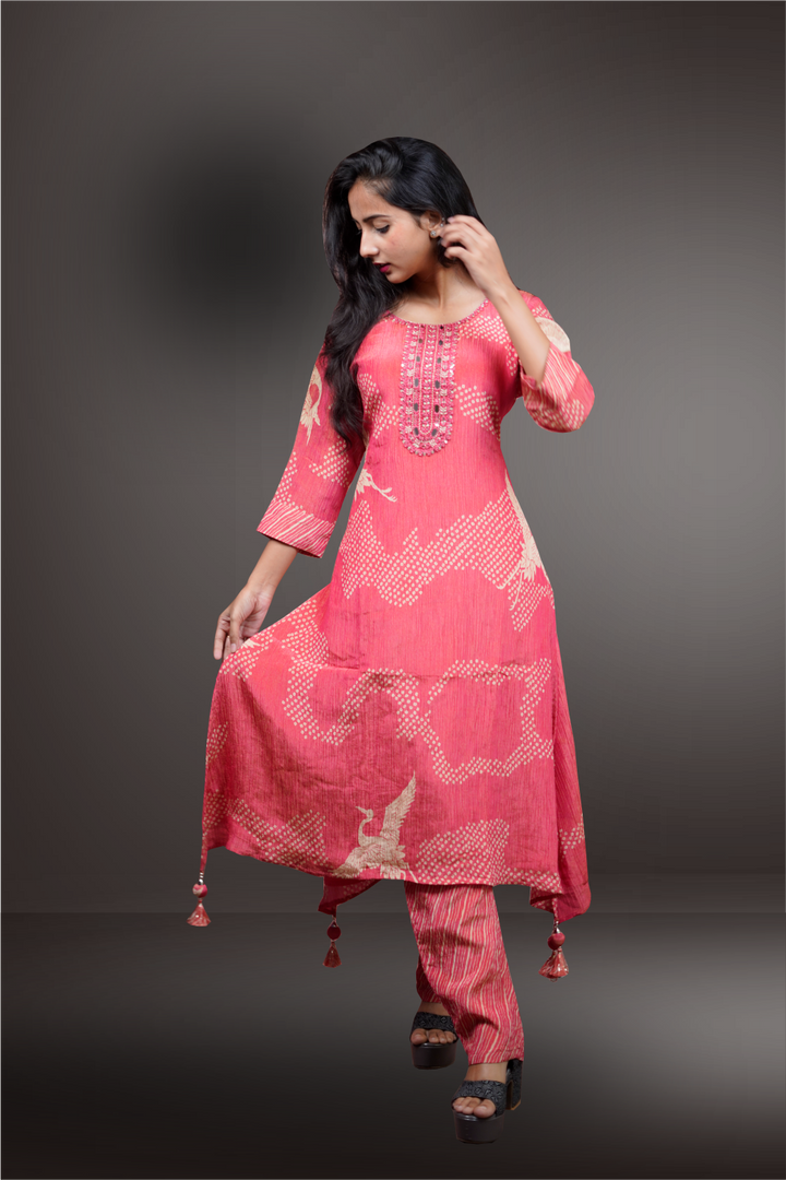 Red Tissue Bandhini Designed  A-Line Cut Salwar Kameez