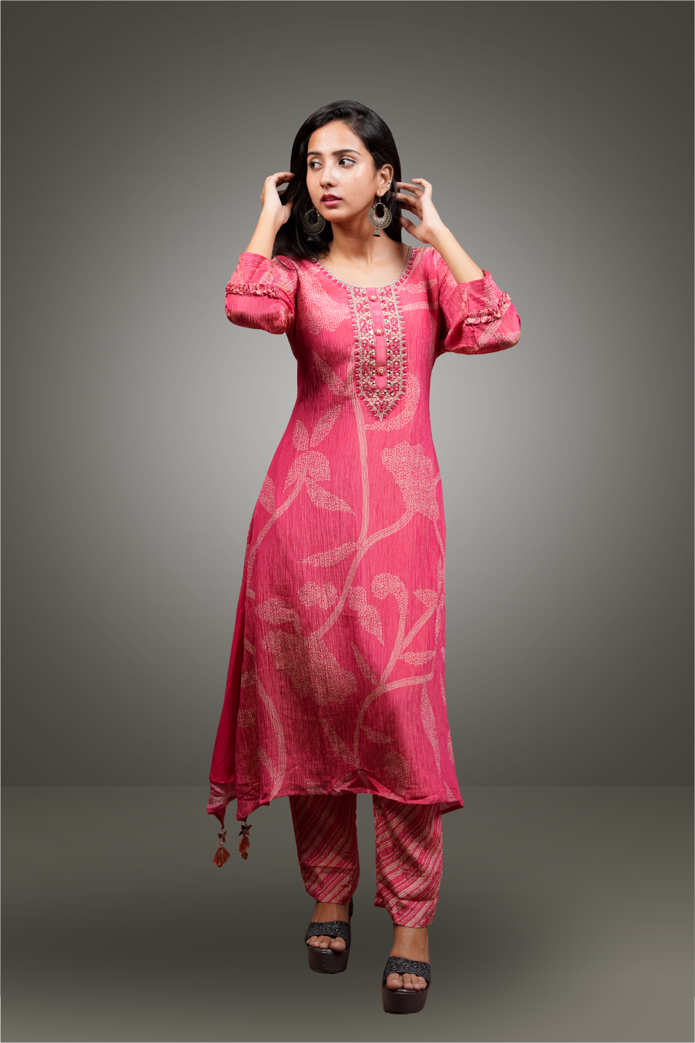 Pink Color Tissue Bandhini Designed Salwar Kameez