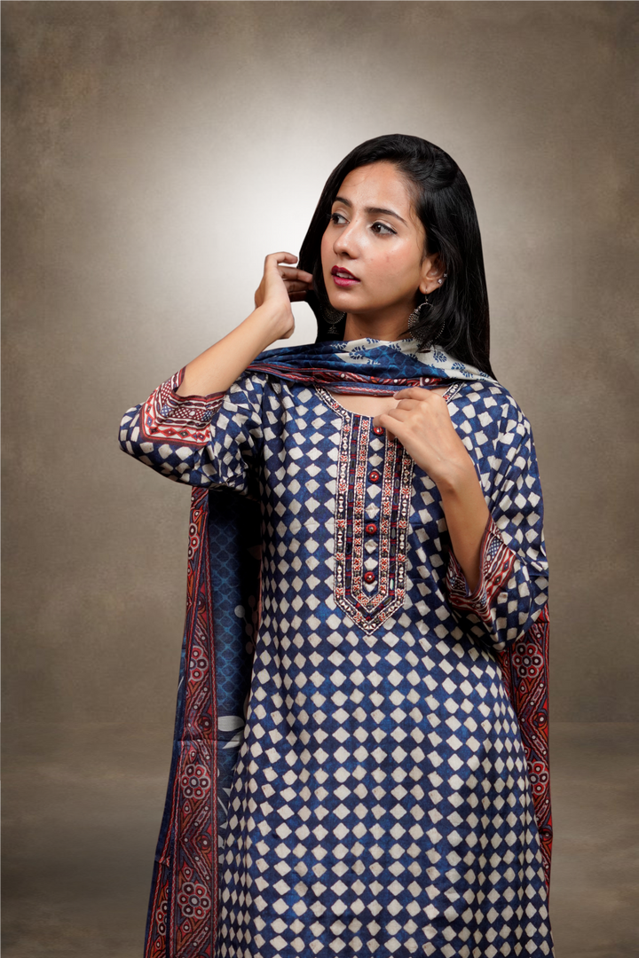 Blue Color Ajrak Printed Silk Based Salwar Kameez