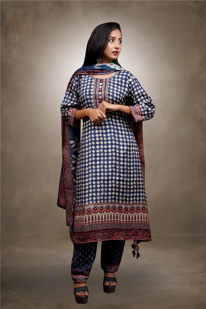 Blue Color Ajrak Printed Silk Based Salwar Kameez