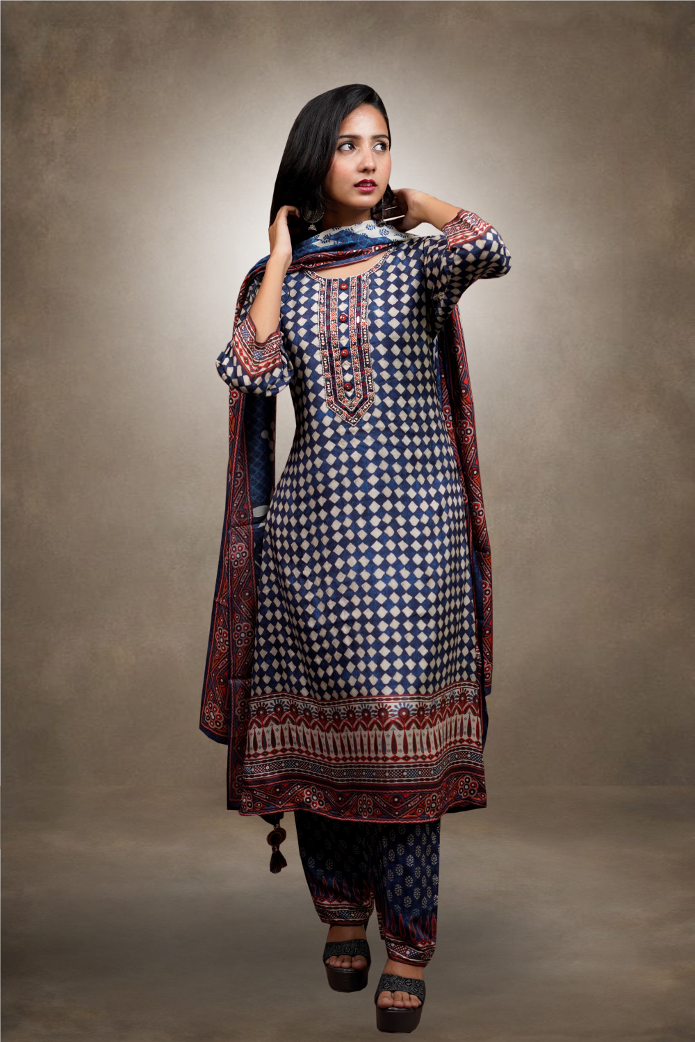 Blue Color Ajrak Printed Silk Based Salwar Kameez