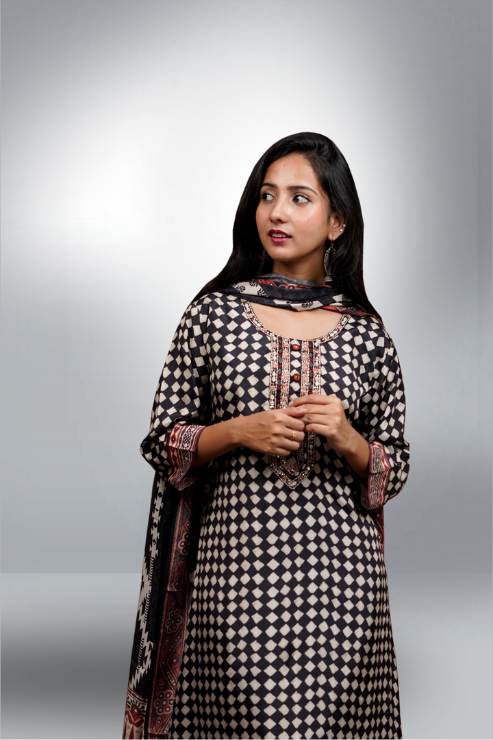 Black Color Ajrak Printed Silk Based Salwar Kameez