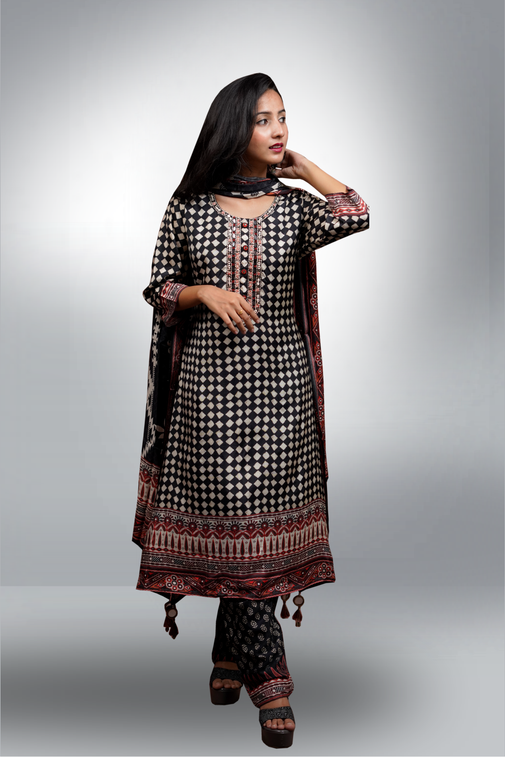 Black Color Ajrak Printed Silk Based Salwar Kameez