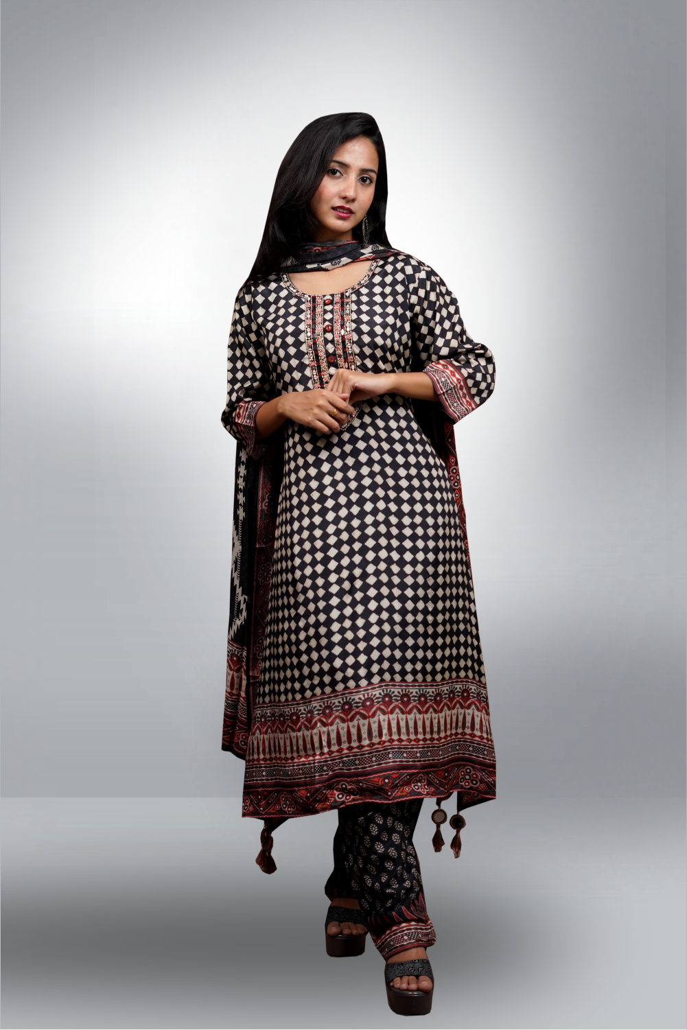 Black Color Ajrak Printed Silk Based Salwar Kameez