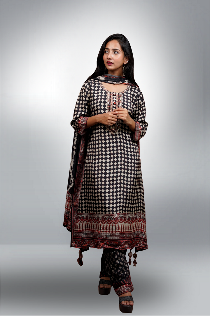 Black Color Ajrak Printed Silk Based Salwar Kameez