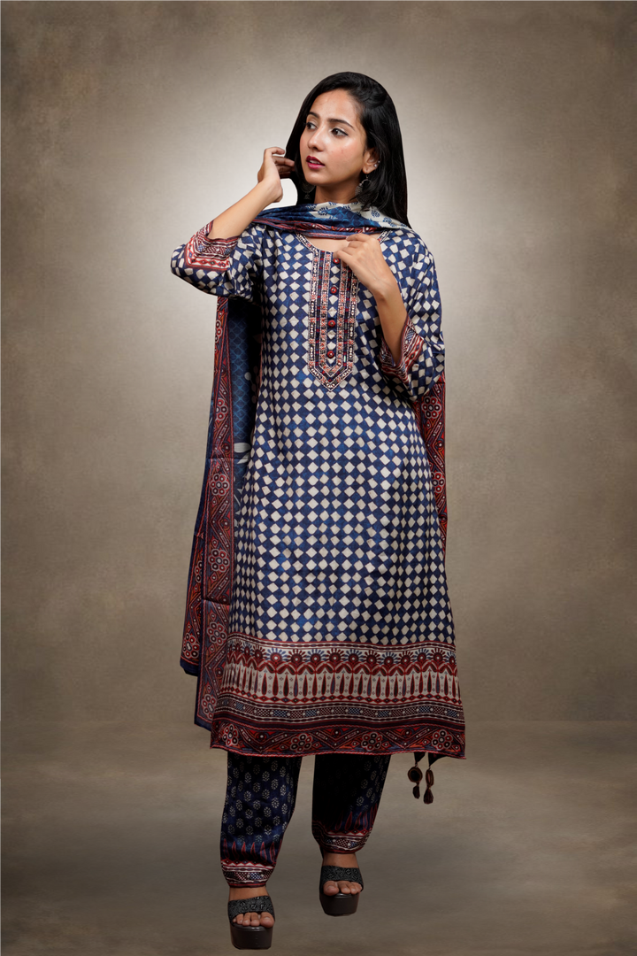 Blue Color Ajrak Printed Silk Based Salwar Kameez