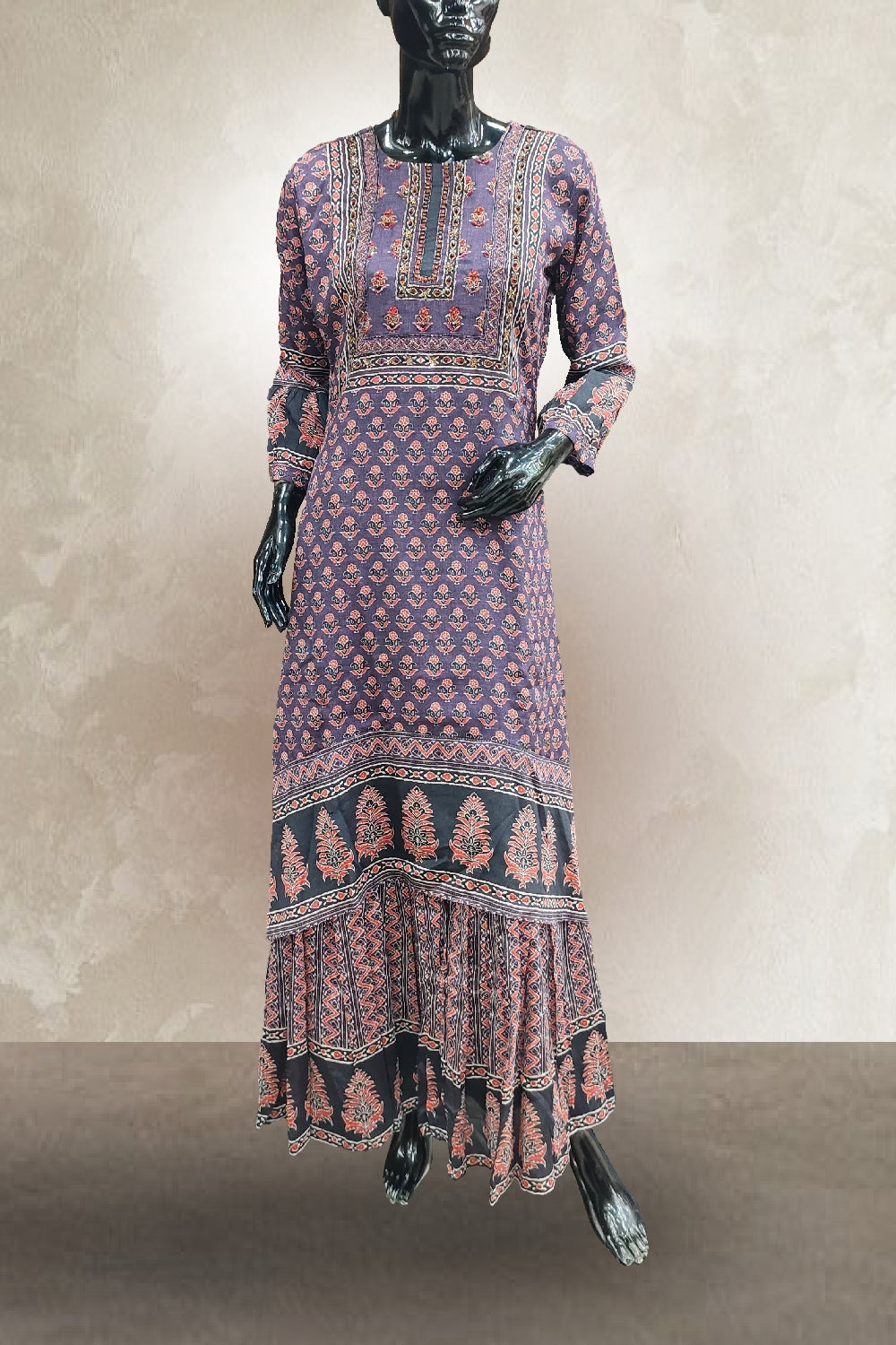 Purple Georgette Printed with Beads Work Layered Gown