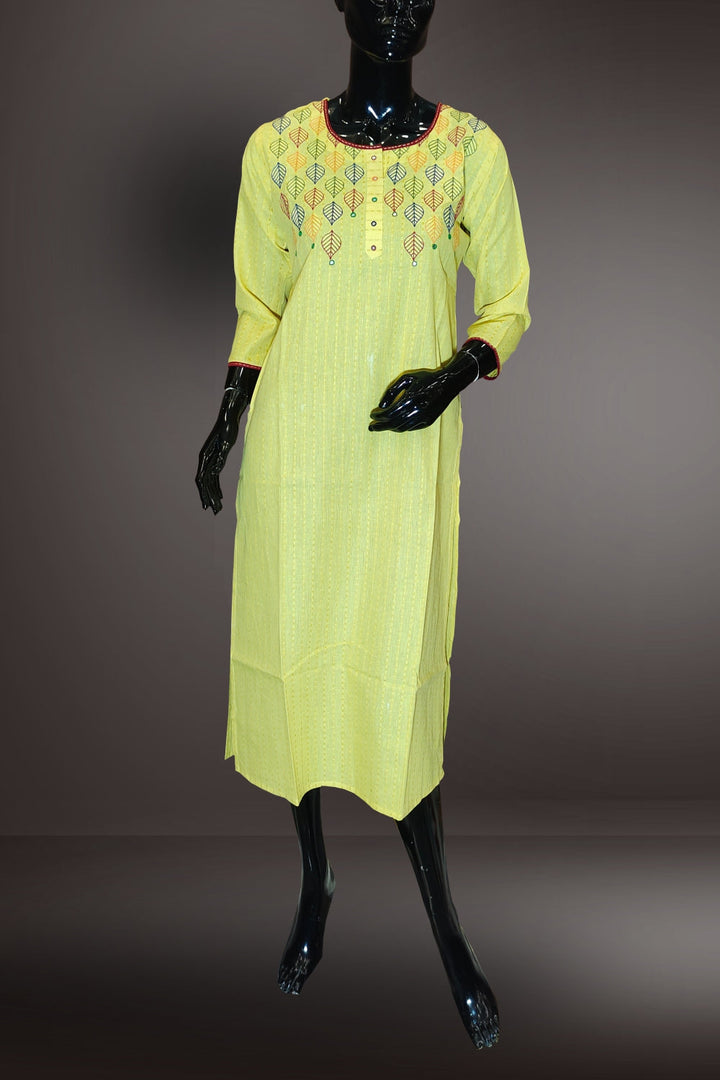 Cotton Yellow Color Thread Embroidered Kurti