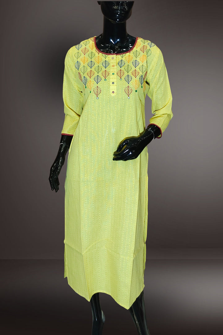 Cotton Yellow Color Thread Embroidered Kurti