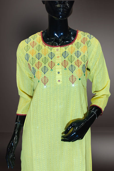 Cotton Yellow Color Thread Embroidered Kurti