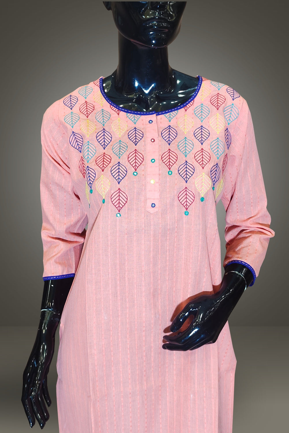 Cotton Peach Color Thread embroidered Kurti