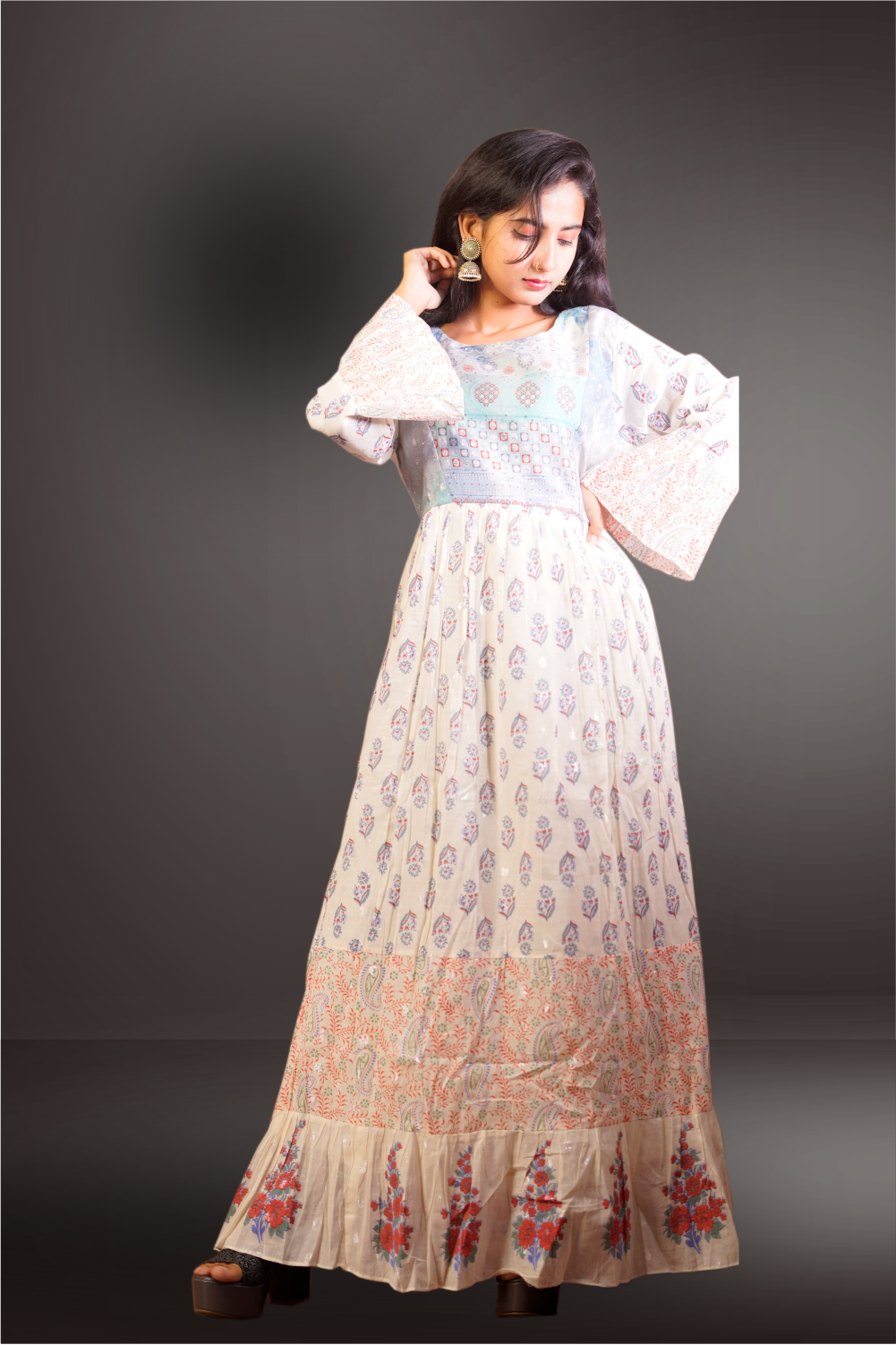 Cream Color Cotton Printed Long Gown