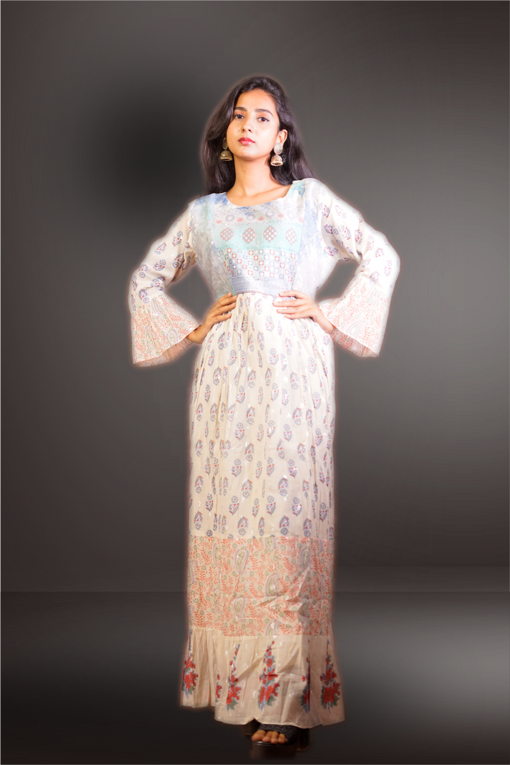 Cream Color Cotton Printed Long Gown