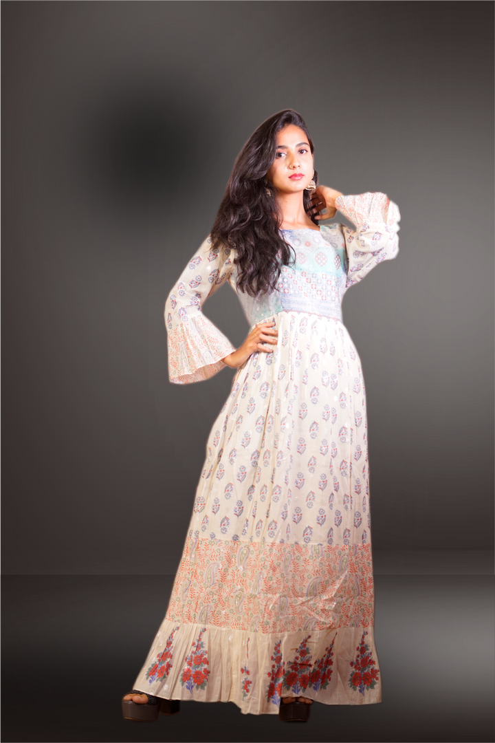 Cream Color Cotton Printed Long Gown