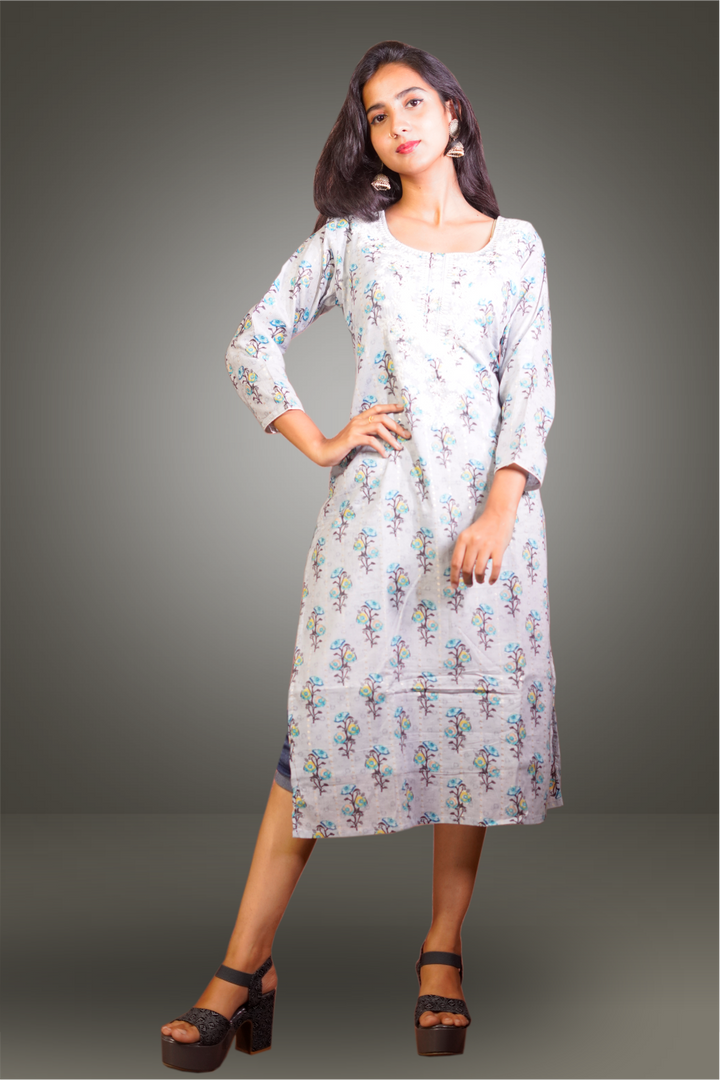 Grey Color Cotton Thread Embroidery Worked Kurtie