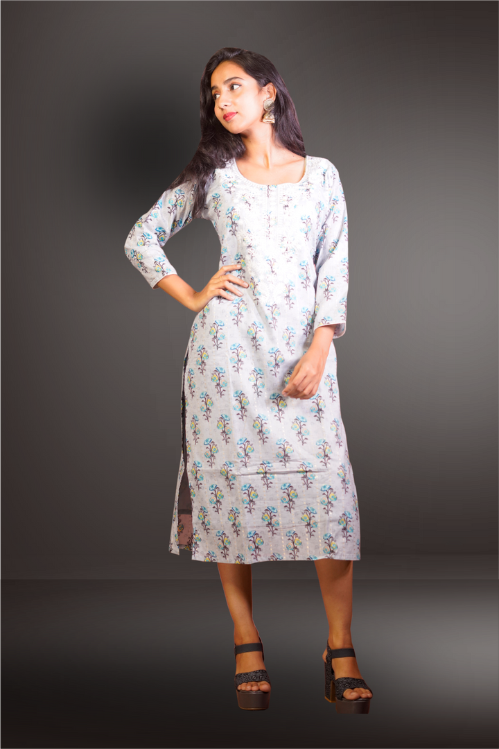 Grey Color Cotton Thread Embroidery Worked Kurtie