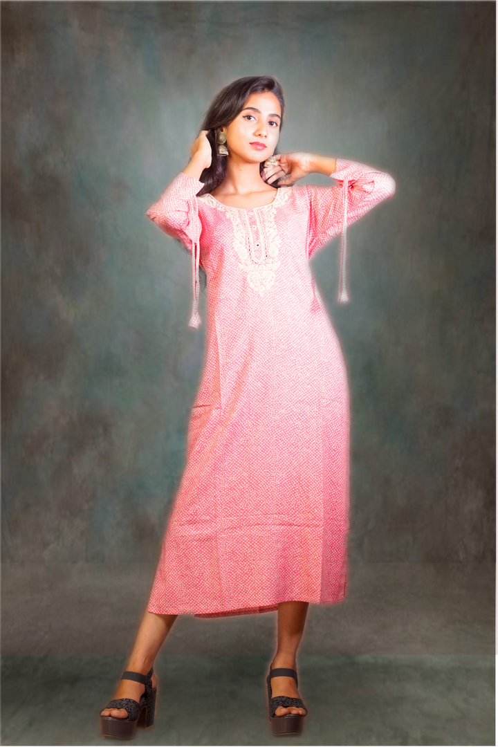 Peach Color Rayon Neck Embroidered Kurtie