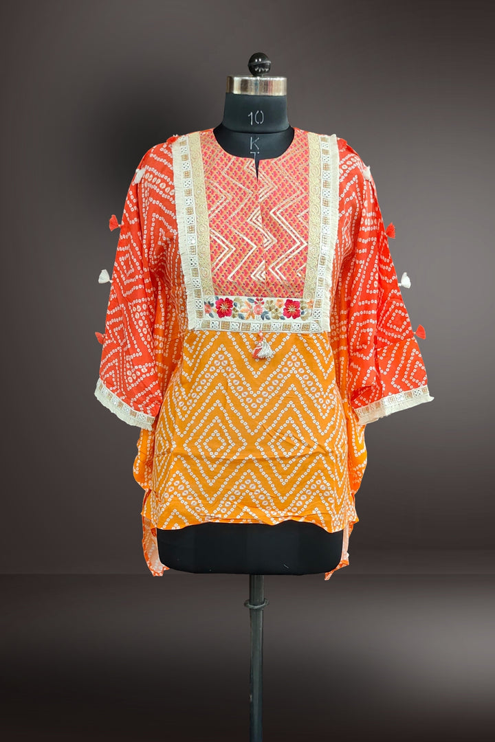 Multicolor Semi Crepe Bhandani Printed Short Kurti