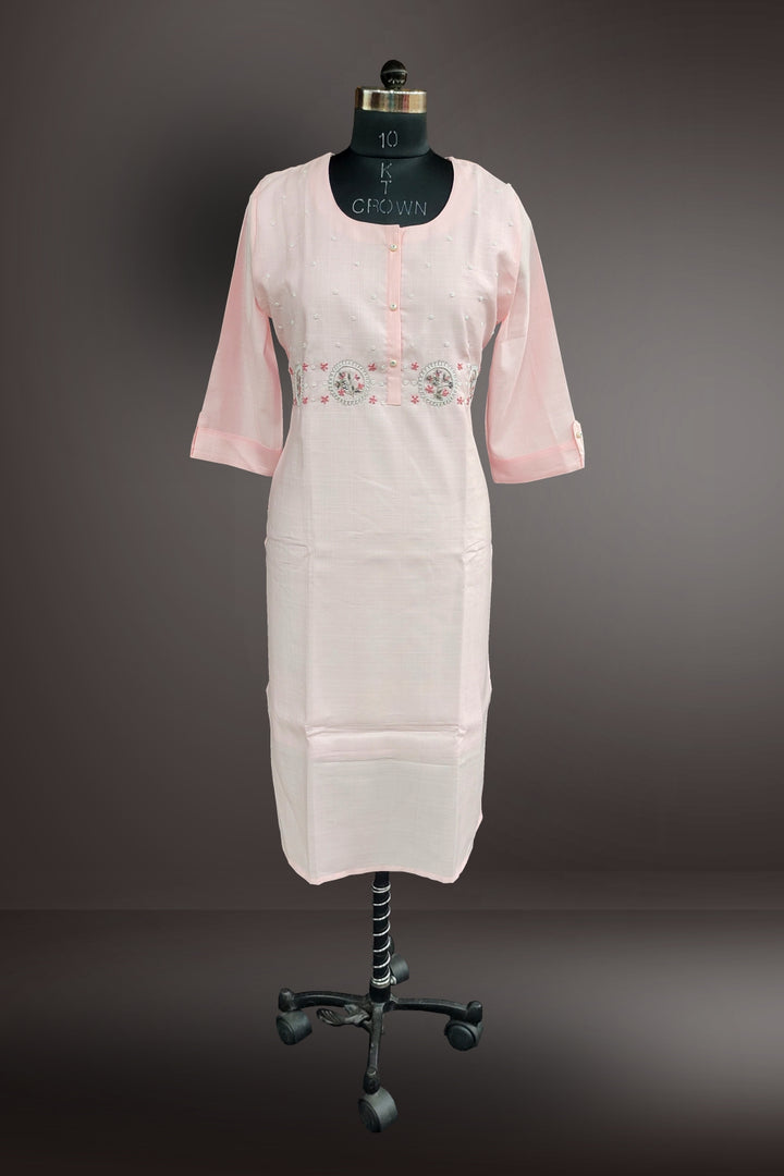 Baby Pink Semi Silk White Pearl Work Kurti