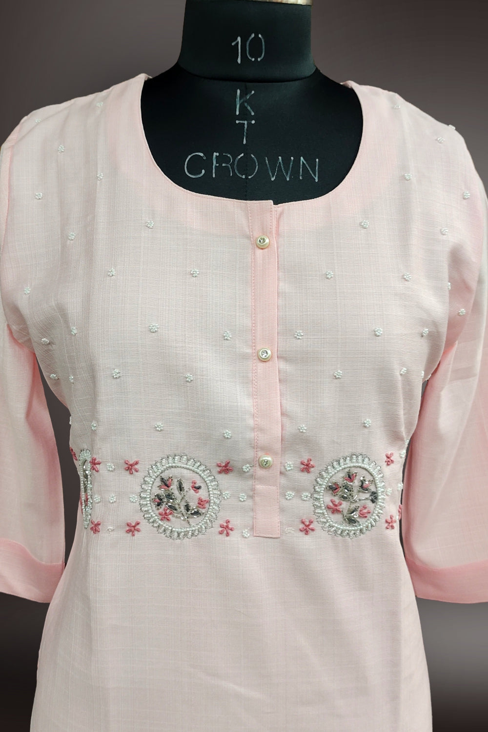 Baby Pink Semi Silk White Pearl Work Kurti