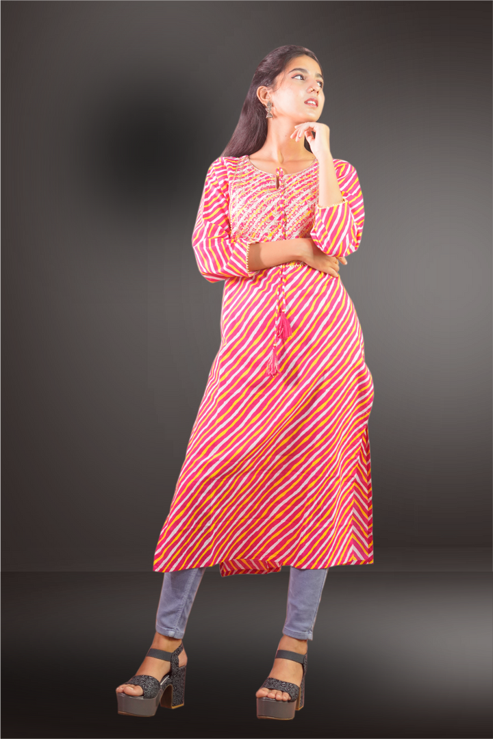 Cotton Gota Patti Neck Work Printed Kurtie