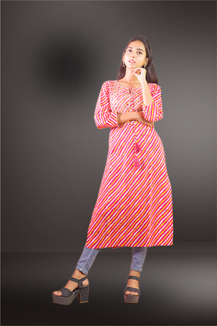 Cotton Gota Patti Neck Work Printed Kurtie