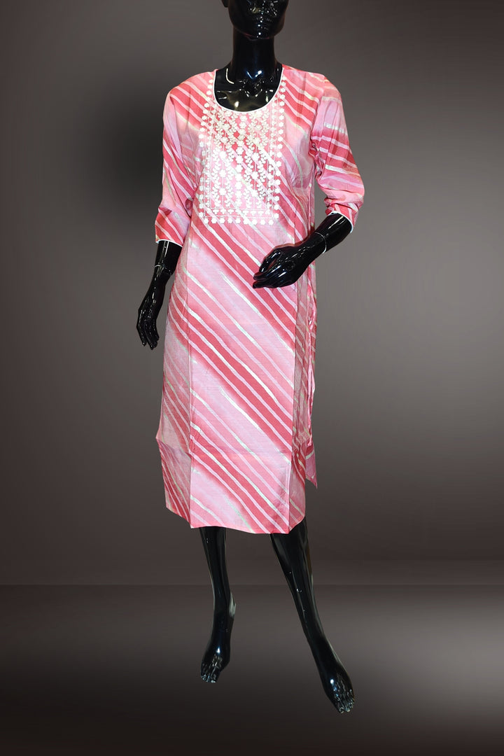 Semi Silk Embroidery Pink Kurti