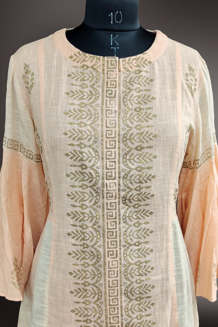 Peach Cotton Printed Short Kurti