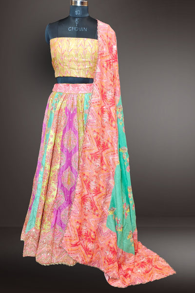 Multicolor Silk Lehenga with Mirror and Beads Work