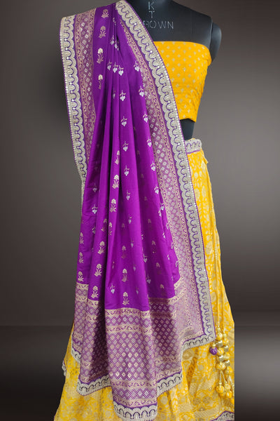 Pure Silk Zari Weaving Work Yellow with Purple Color Lehenga
