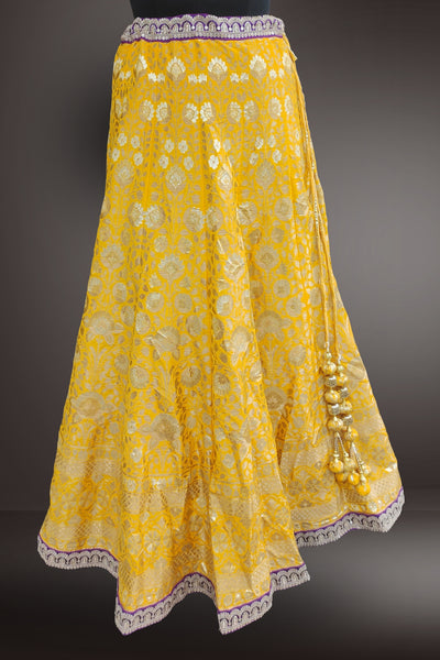 Pure Silk Zari Weaving Work Yellow with Purple Color Lehenga