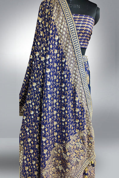 Zari Weaving Work Ink Blue Color Lehenga with Unstitched Blouse