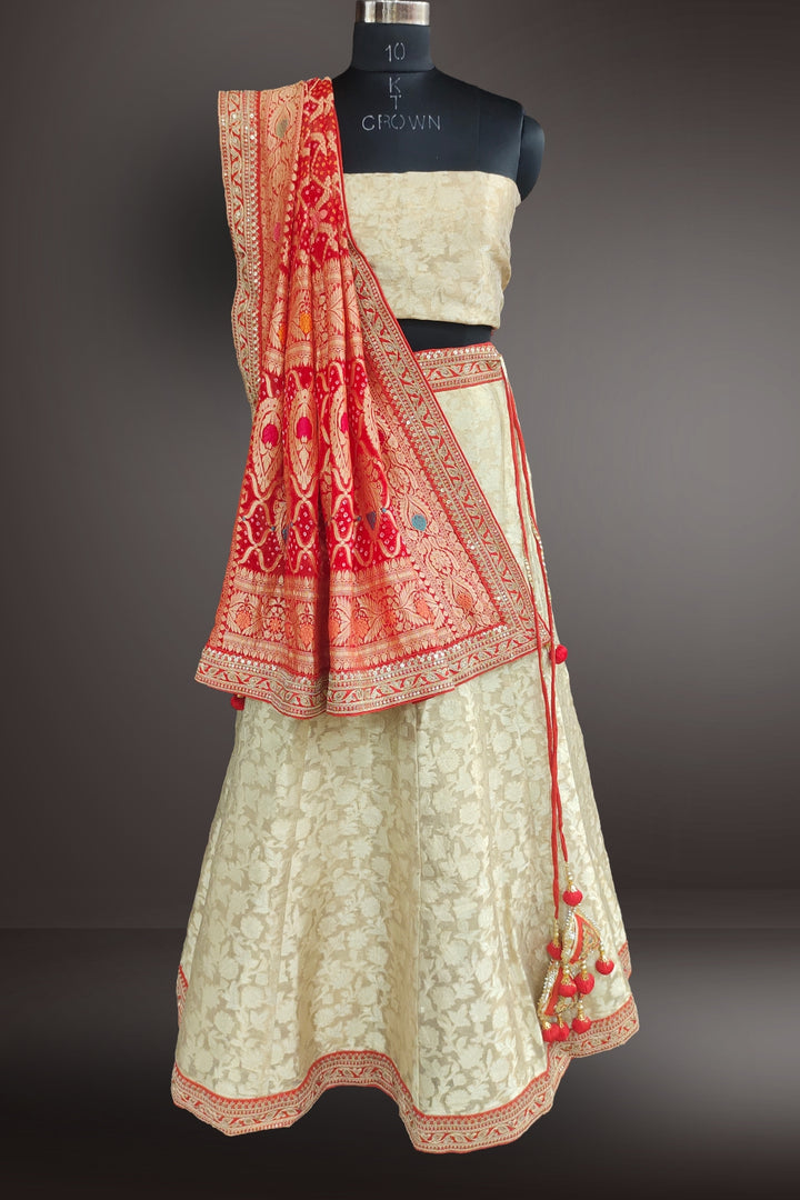 Golden Zari Weaving Lehenga with Bhandani Printed dupatta