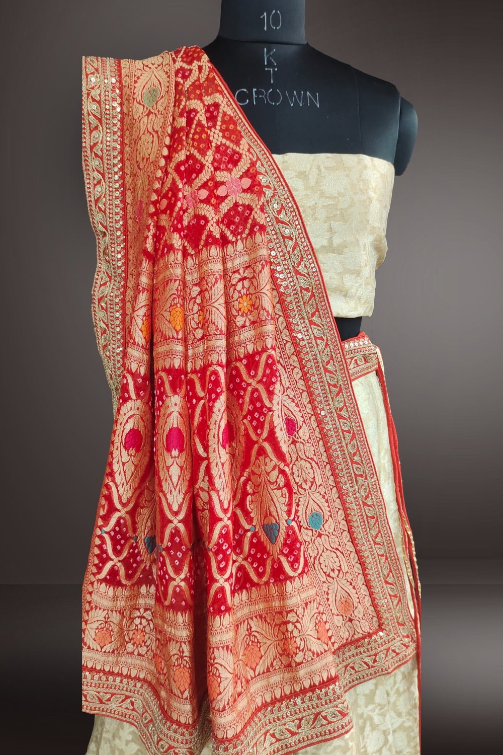 Golden Zari Weaving Lehenga with Bhandani Printed dupatta