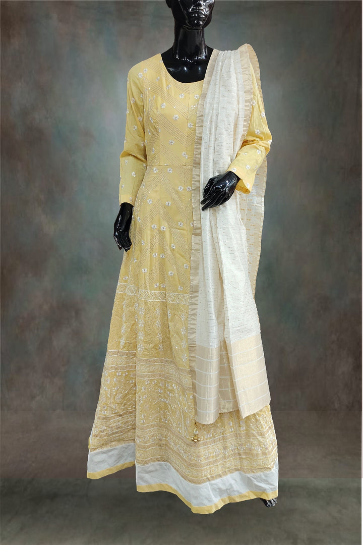Sequins Embroidered Silk Anarkali Suit with Maheshwari Weaving Dupatta