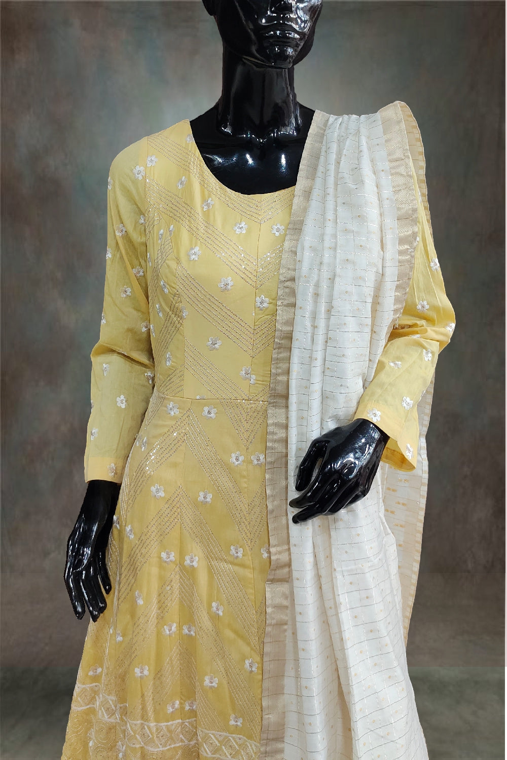 Sequins Embroidered Silk Anarkali Suit with Maheshwari Weaving Dupatta