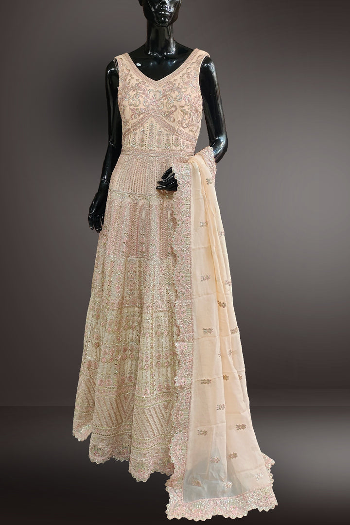 Peach Organza Embroidered with Gotta Patti Work Anarkali Suit