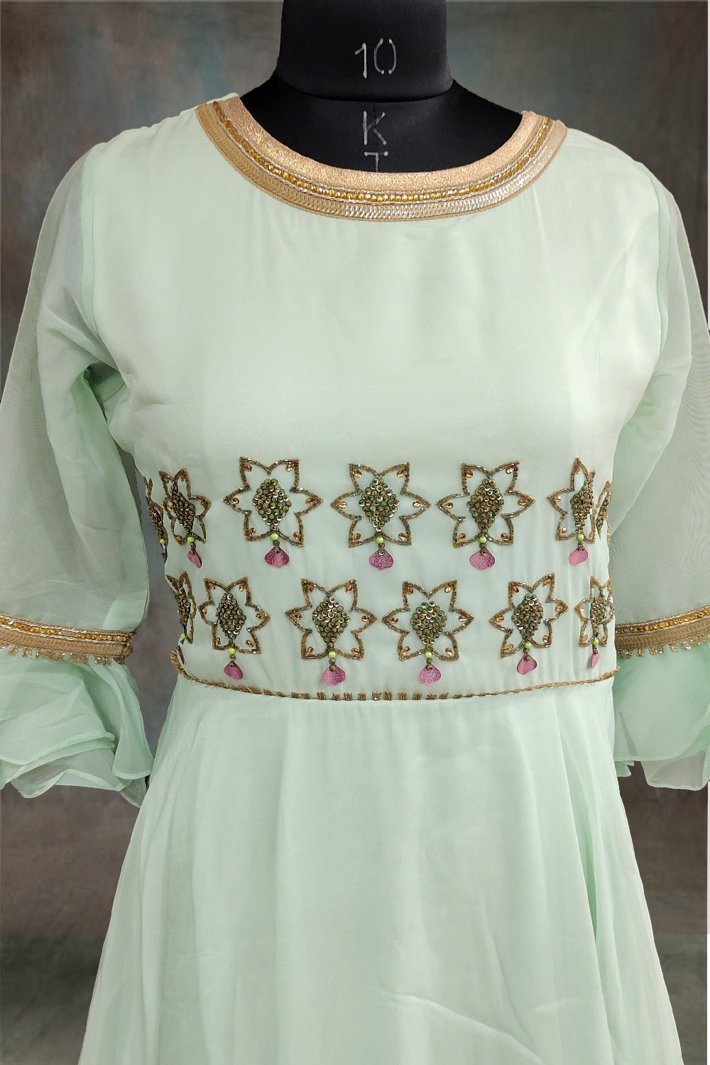 Pastel Green Organza Beads and Stone Work Anarkali Suit