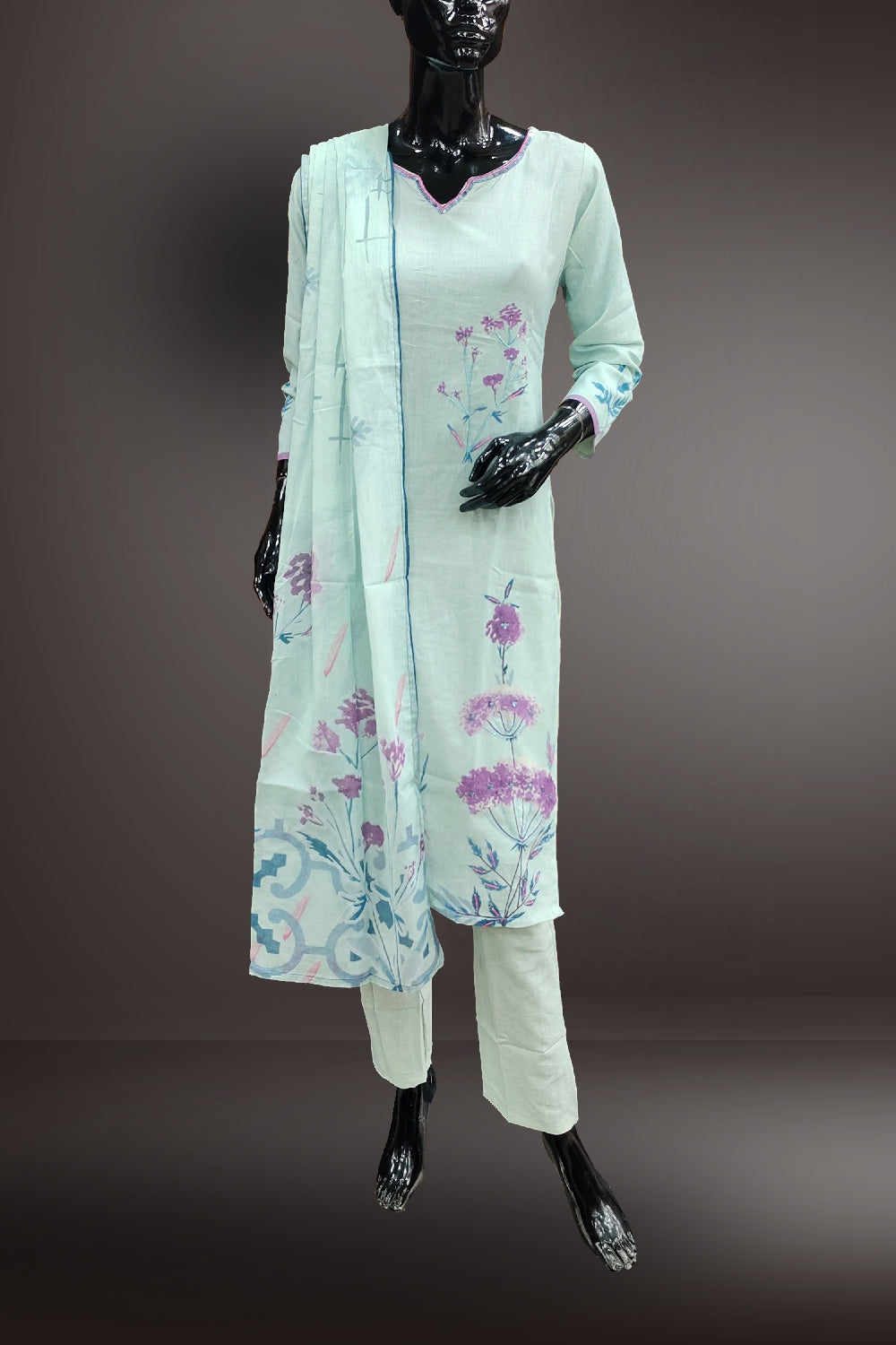 Light Blue Cotton Printed with Sequins and Beads Work Salwar Kameez