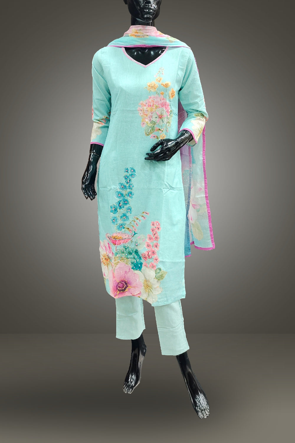 Sky Blue Cotton Printed with Sequins and Beads Work Salwar Kameez