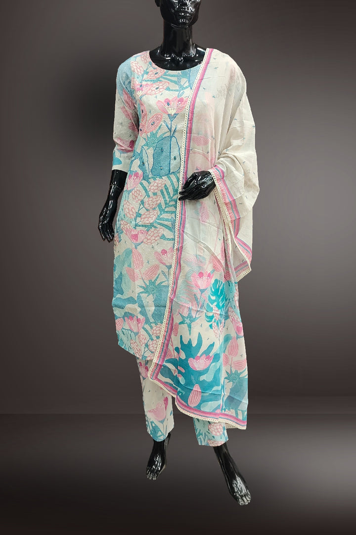Off White Cotton Jacquard Printed with Mirror Embroidered Salwar Kameez